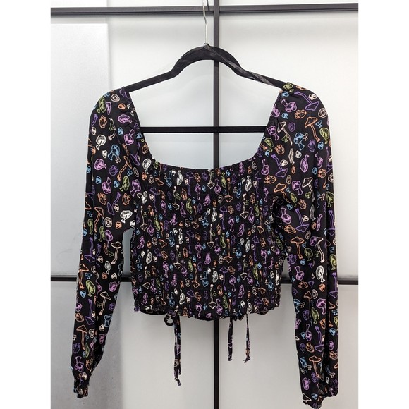 NWT 3rd + Malt|Mushroom Ditsy Crop DrawString Lantern Sleeves Shirt Summer F… - Picture 2 of 5